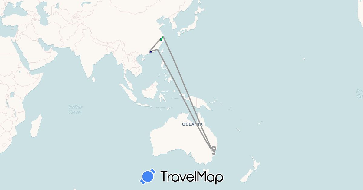 TravelMap itinerary: driving, bus, plane in Australia, China (Asia, Oceania)